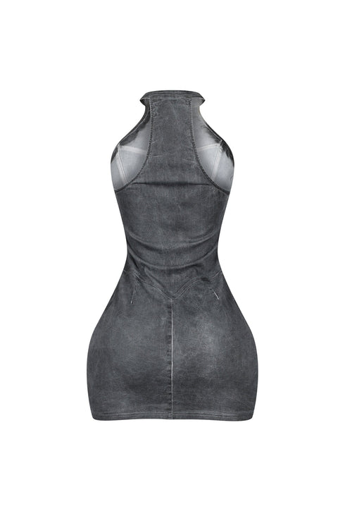 Denim Washed Halter Zip Up Mini Dress